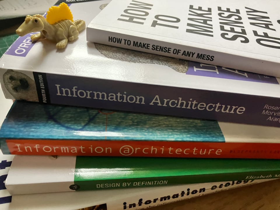 Books: How to Make Sense of Any Mess, Information Architecture (x 2), Design By Definition, Information Ecology and toy dino